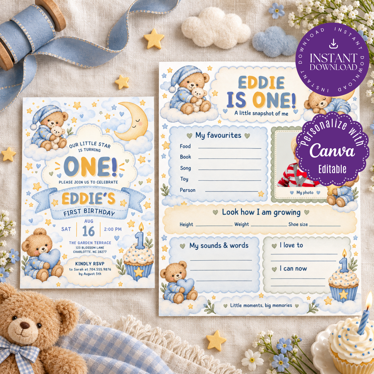 Boy's teddy bear first birthday templates, invitation and milestone board arranged together.