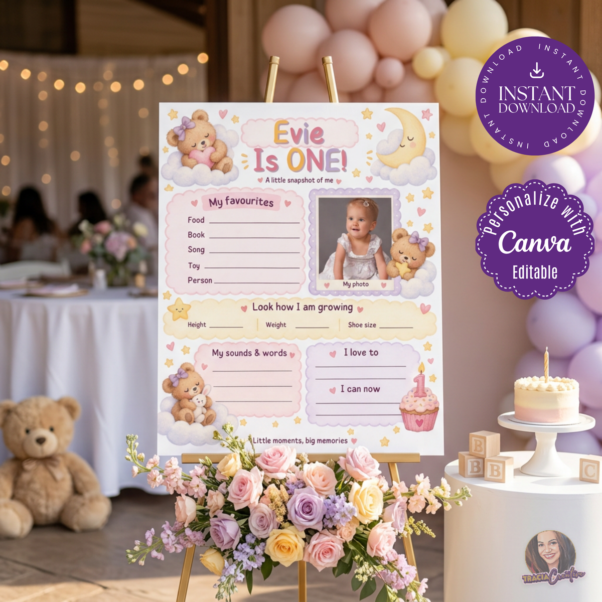 Teddy Bear First Birthday Milestone Poster Template, Editable Canva One Year Old Milestone Board