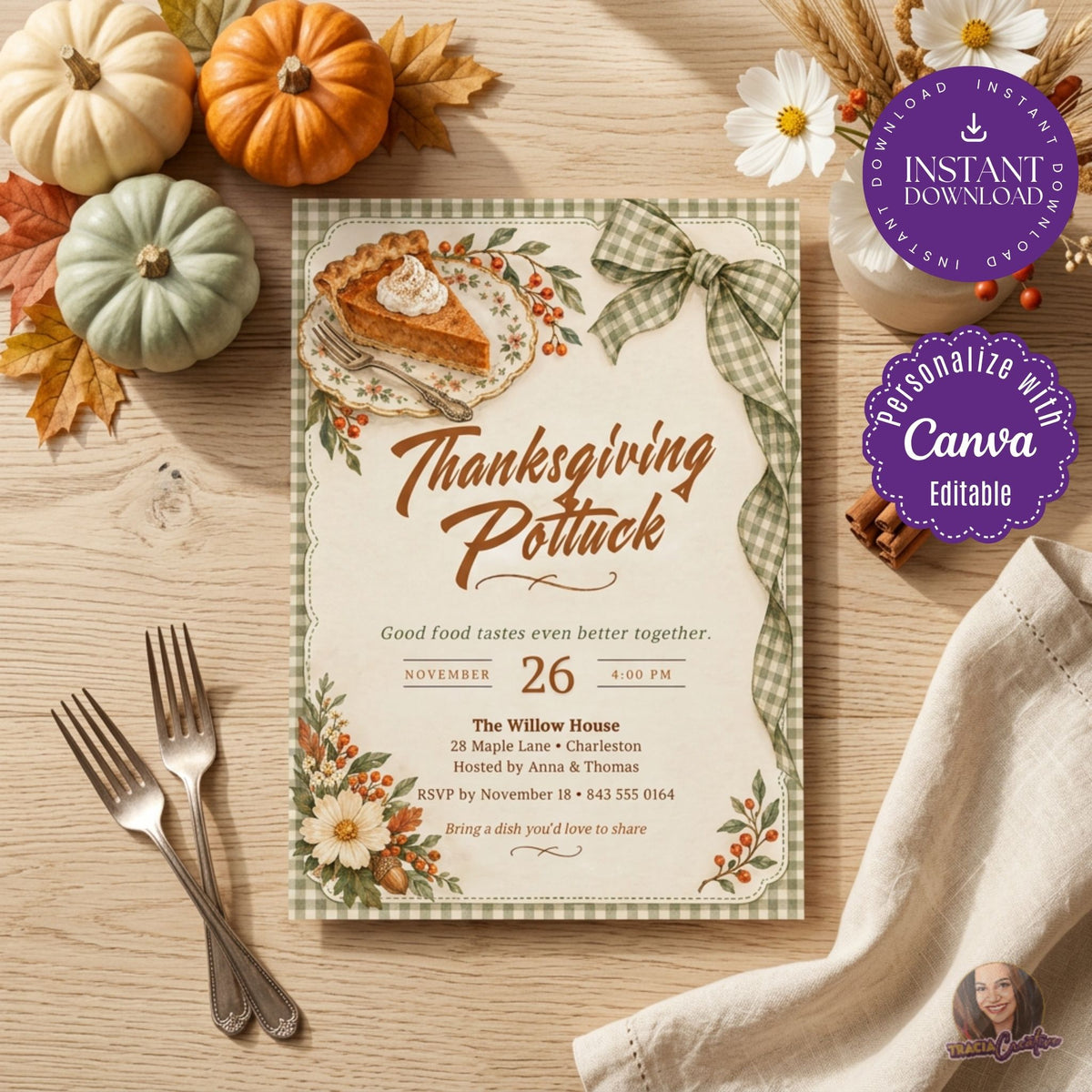 Thanksgiving Potluck Invitation Template, Editable Canva Friendsgiving Dinner Invite, Rustic Fall Gingham Pumpkin Pie, Printable 5x7