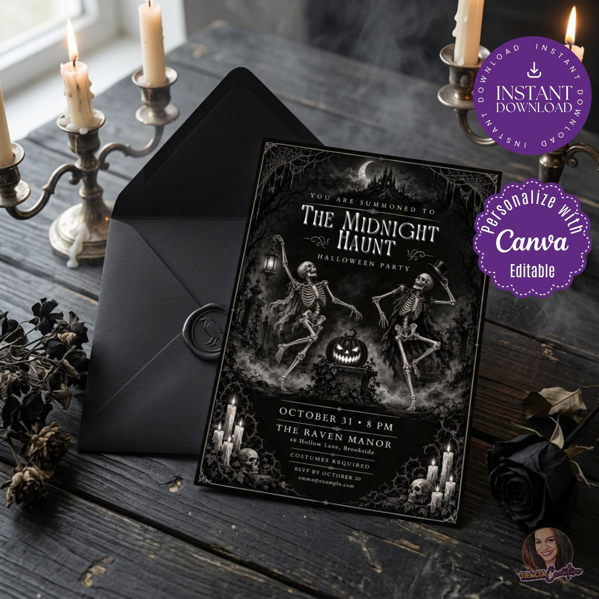 Gothic Halloween invitation template featuring dancing skeletons, haunted mansion, jack-o'-lantern, cobwebs and vintage black-and-white artwork, editable in Canva.