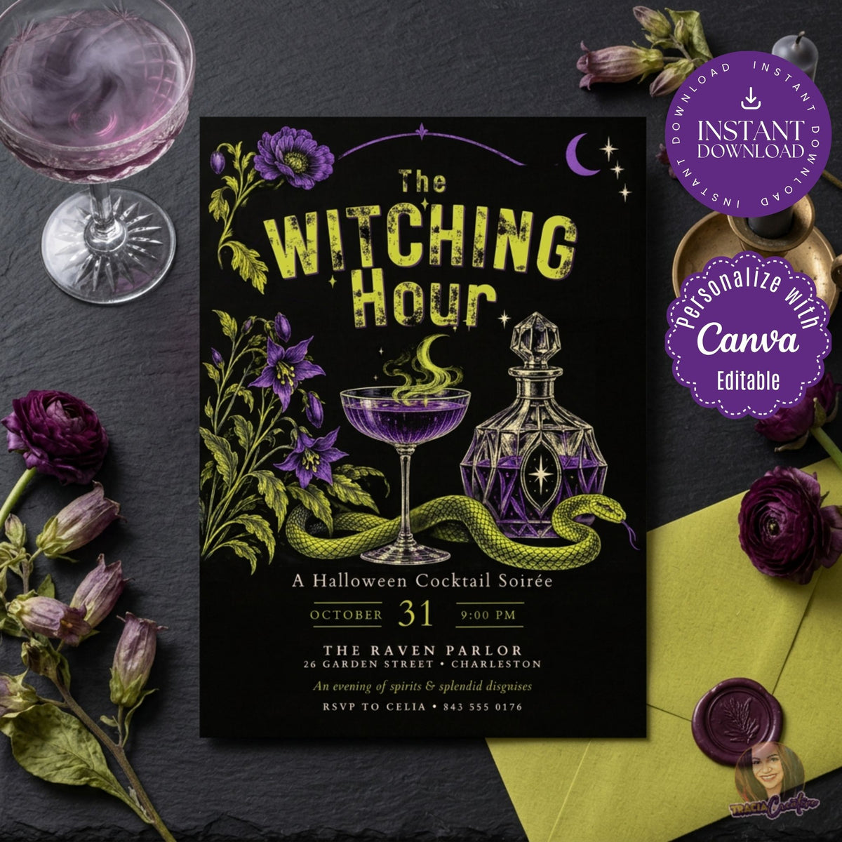 The Witching Hour Halloween Cocktail Party Invitation Template, Editable Canva Invite, Gothic Witchy Soirée, Purple and Lime Green, 5x7