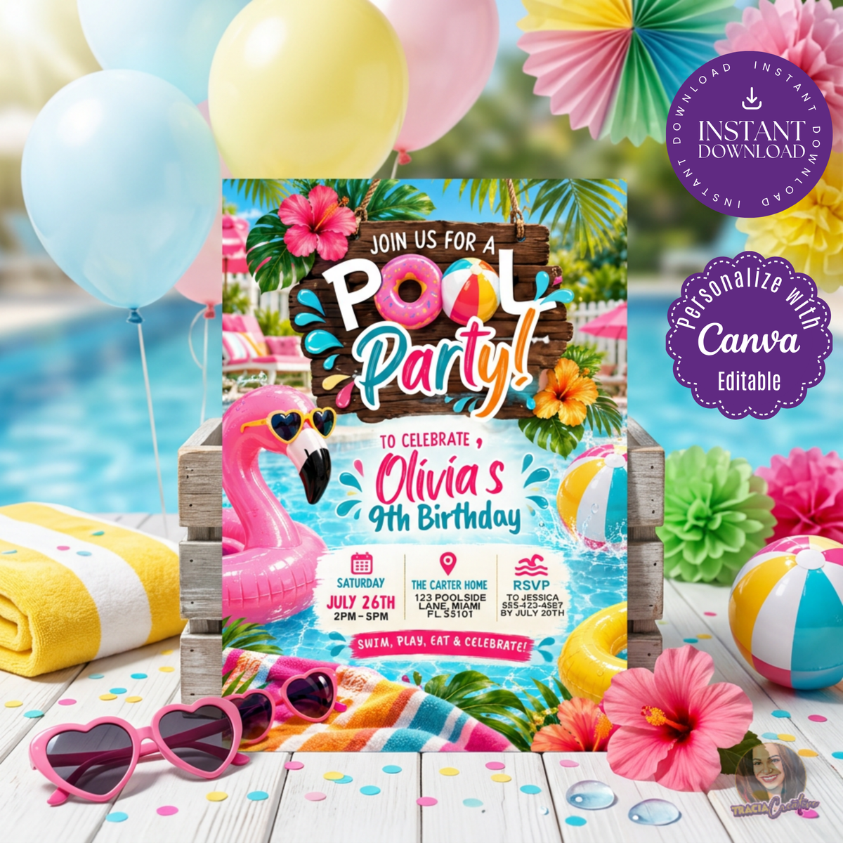 Pool Party Birthday Invitation Template, Tropical Flamingo Pool Birthday Invite, Editable Canva Summer Birthday Invitation, Printable 5x7