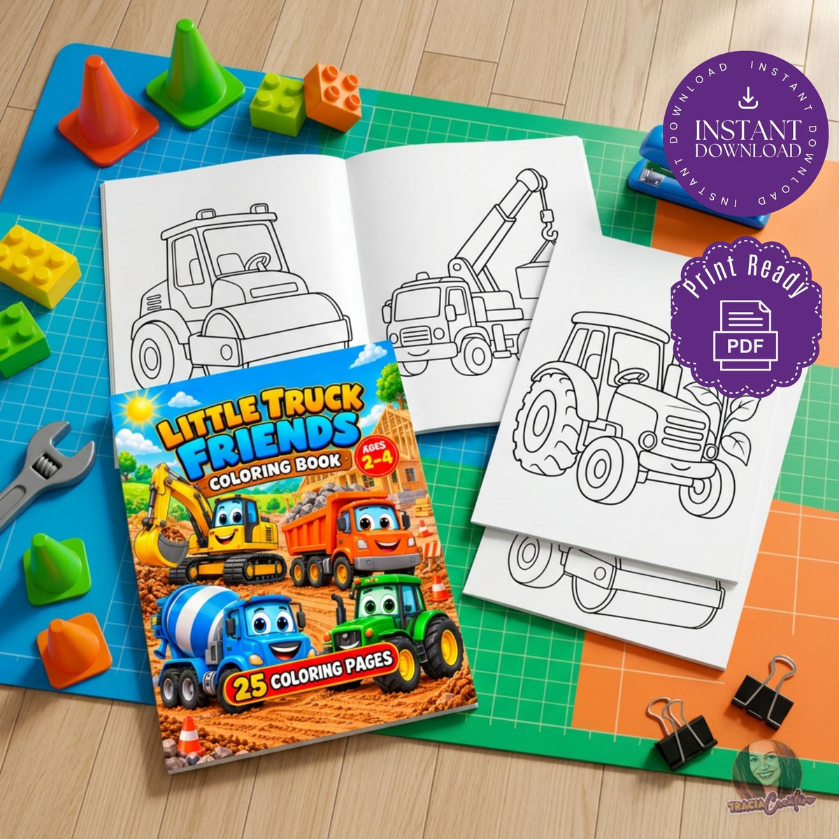 Little Truck Friends cover with truck outline sheets on a colorful craft mat beside toy blocks.
