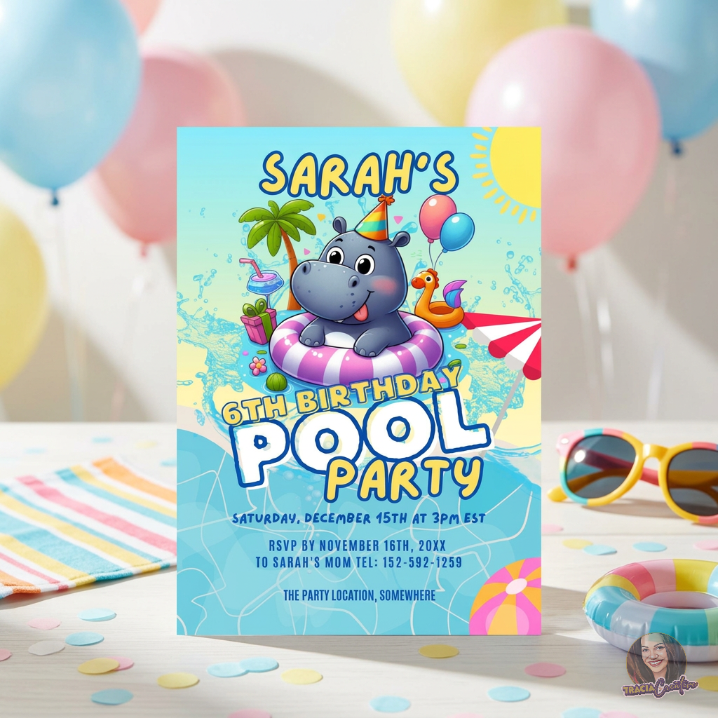 Kids’ Pool Party Birthday Invitation Template, Summer Swimming Party Invite, Editable Canva Template, Printable 5x7 Invitation