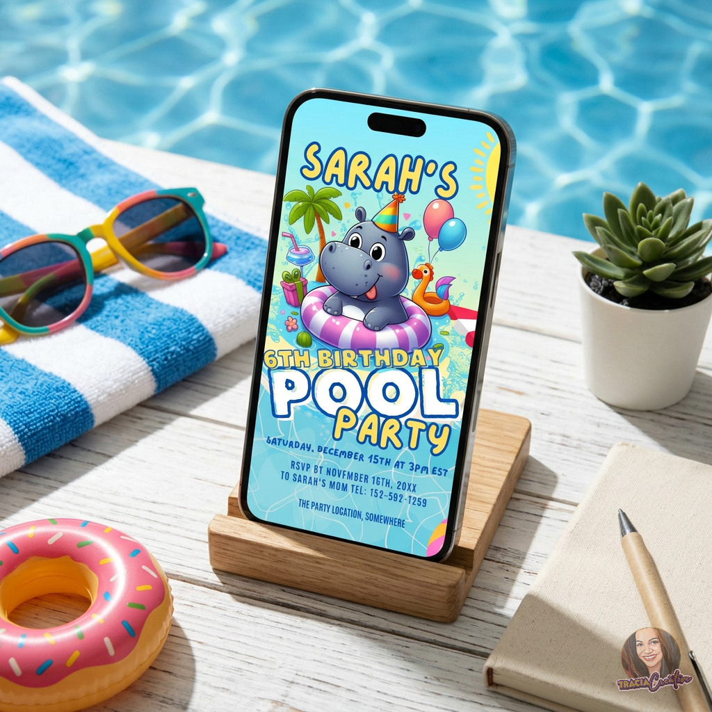 Kids’ Pool Party Birthday Invitation Template, Summer Swimming Party Invite, Editable Canva Template, Printable 5x7 Invitation