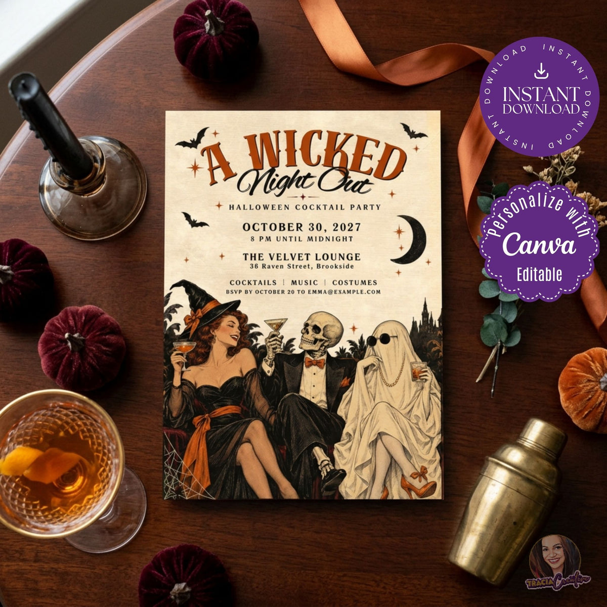 A Halloween-themed cocktail party invitation card styled in a flat lay on a dark wooden table, surrounded by a brass candlestick, a filled cocktail glass, a gold shaker, velvet pumpkins, a ghost, and promotional badges for Canva personalization and instant download.