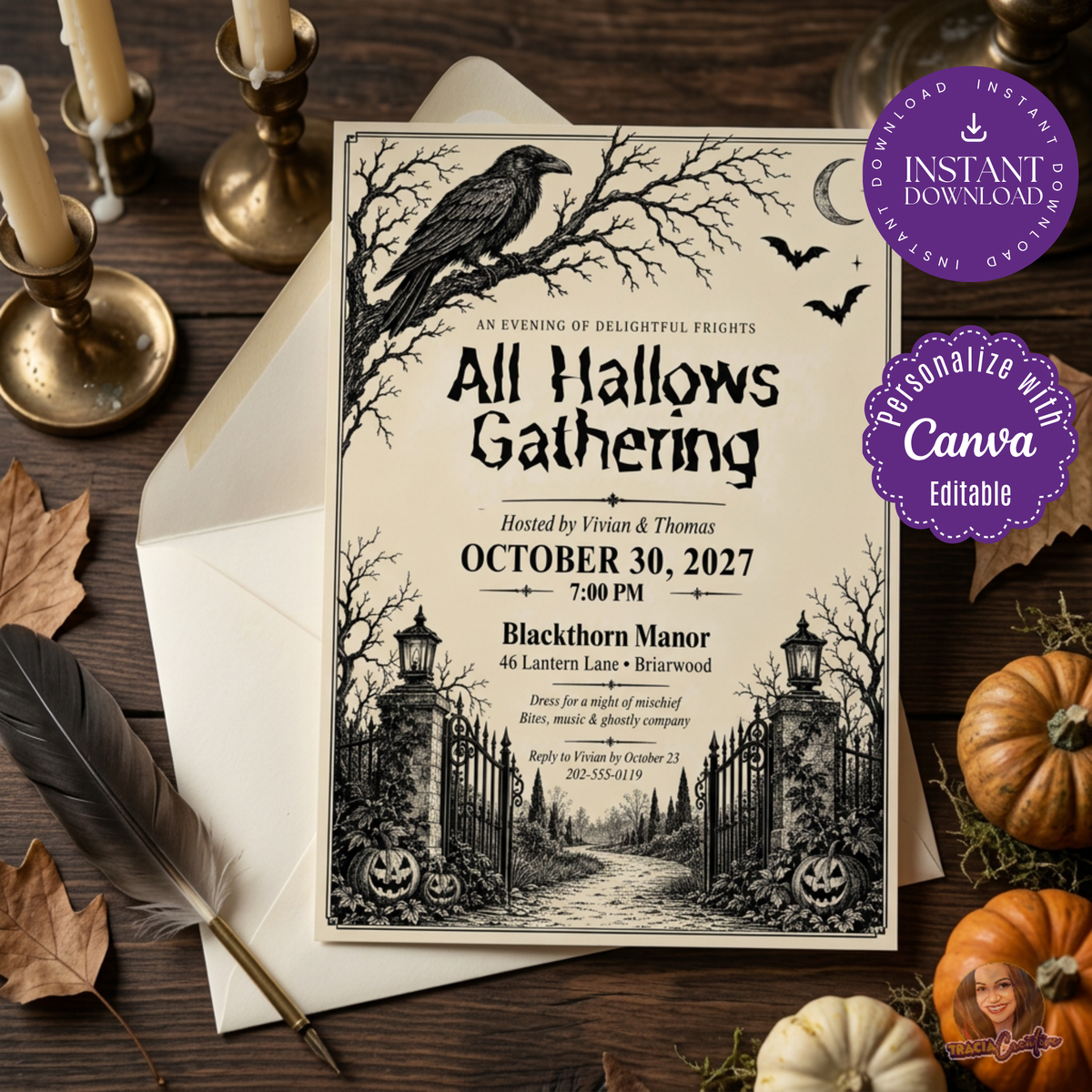 Vintage All Hallows Gathering invitation with a raven, bare branches and ornate manor gates