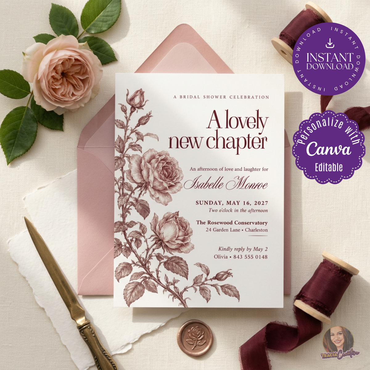 Vintage Rose Bridal Shower Invitation Template, Editable Canva Burgundy Floral Bridal Shower Invite, Elegant Romantic Wedding Shower Invitation, Printable 5x7