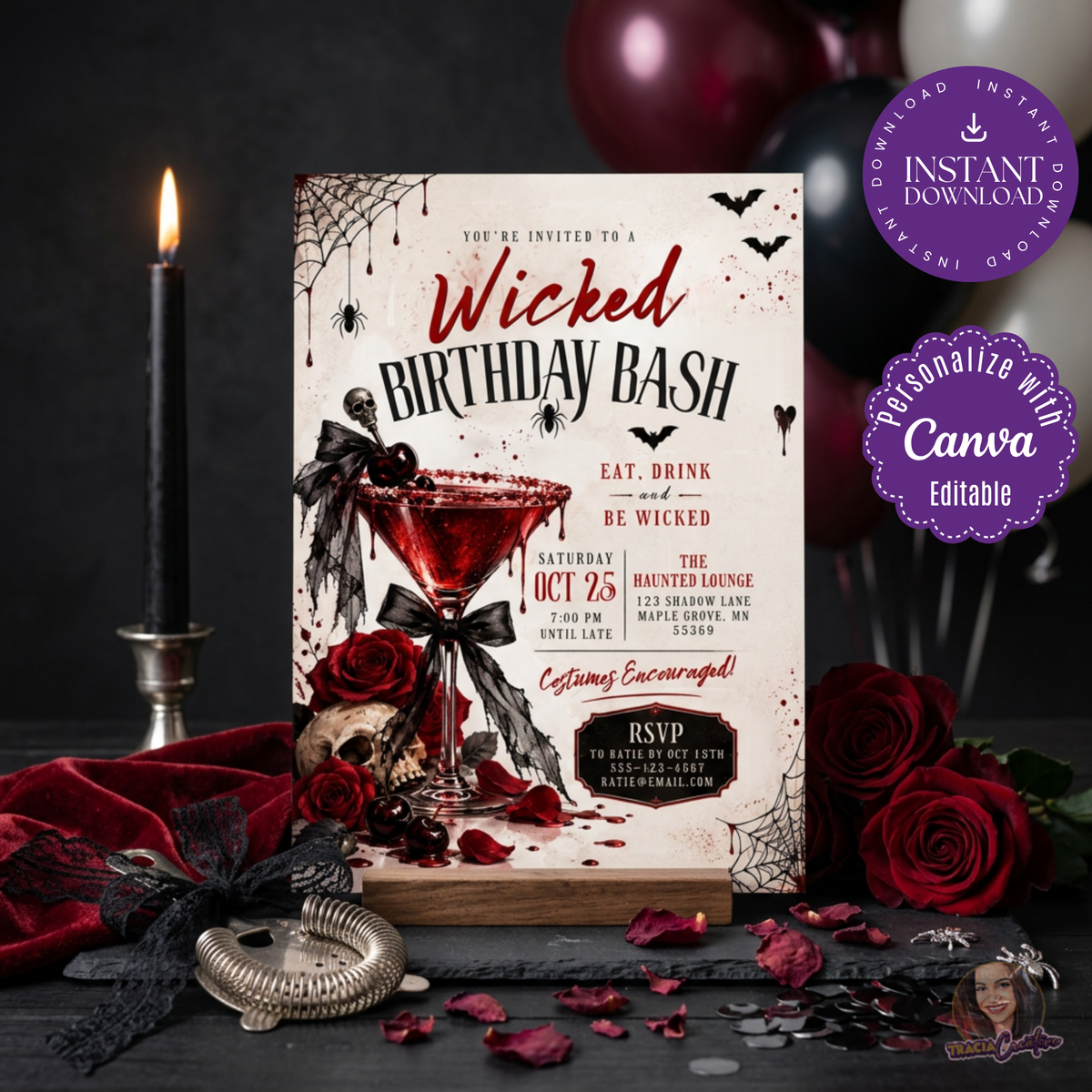 Wicked Birthday Bash Invitation Template, Gothic Halloween Cocktail Birthday Party Invite, Editable Canva Invitation, Printable 5x7