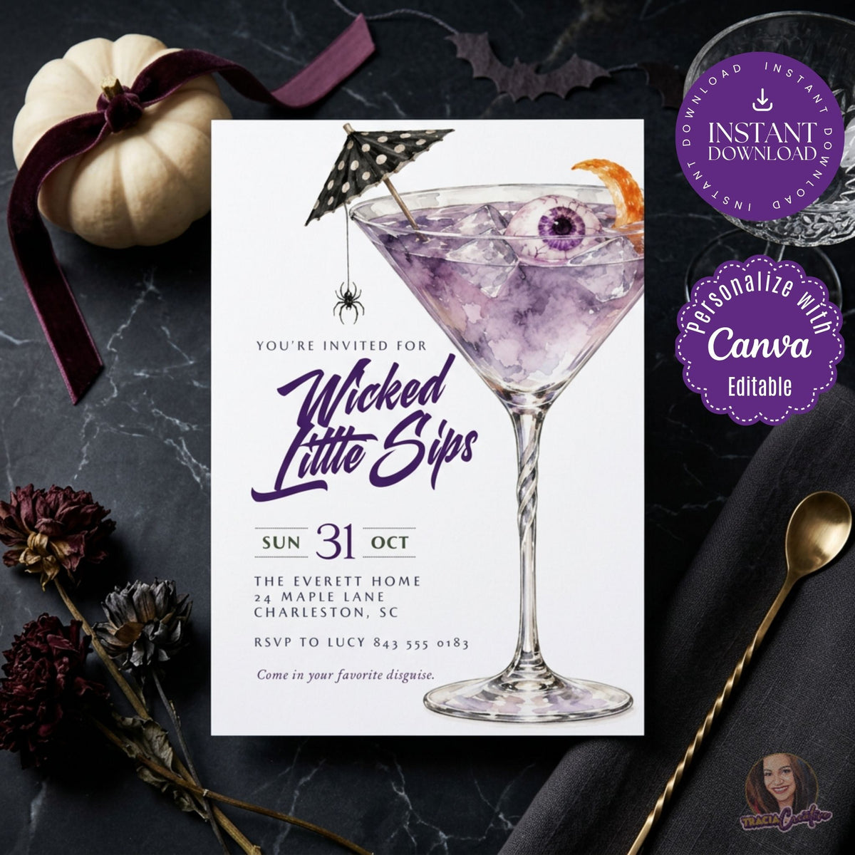 Wicked Little Sips Halloween Cocktail Party Invitation Template, Editable Canva Invite, Purple Martini Eyeball, Adult Halloween Party, 5x7