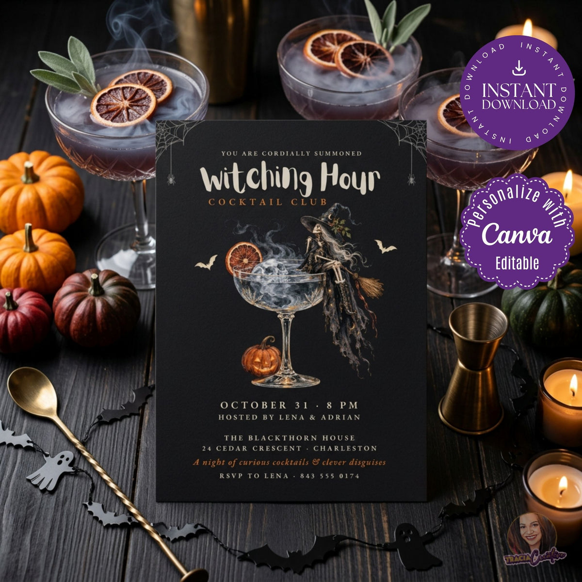 Witching Hour Cocktail Club Halloween Invitation Template, Editable Canva Invite, Skeleton Witch Cocktail Party, Spooky Adult Halloween, 5x7
