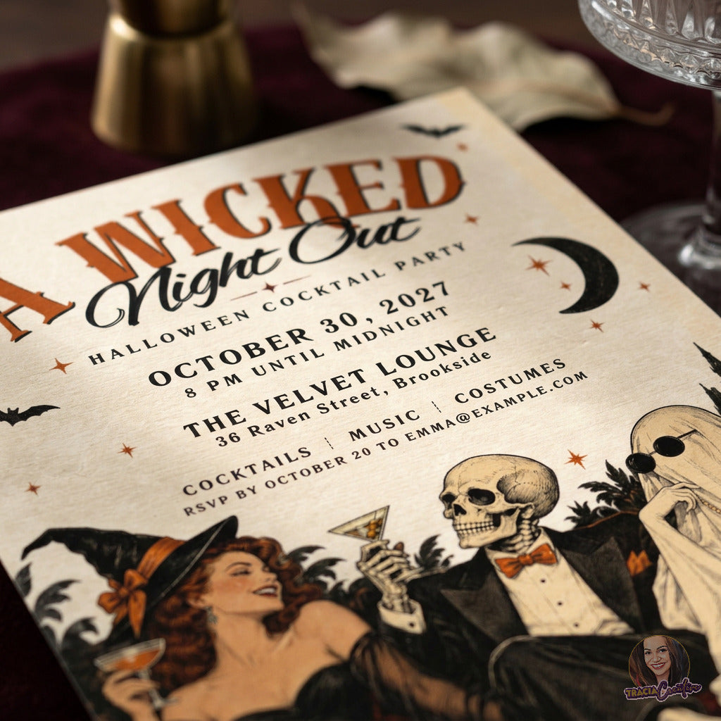A Halloween-themed cocktail party invitation card laid on a dark surface, featuring vintage-style illustrations of a woman in a witch hat, a skeleton in a tuxedo, a ghost, stars, bats, and event text including 'A Wicked Night Out' and 'Halloween Cocktail Party.'.