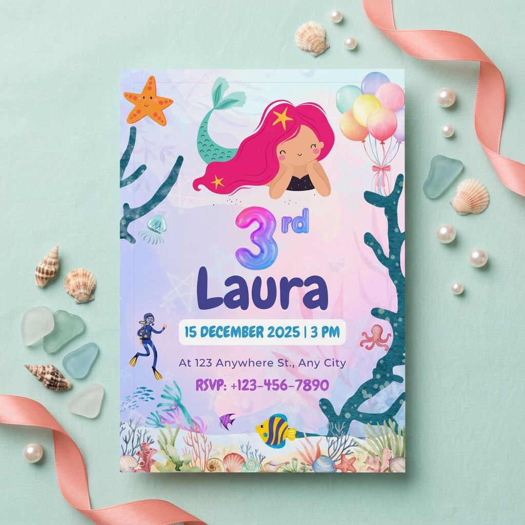 Mermaid Under the Sea Birthday Invitation Template, Girls’ Ocean Theme Party Invite, Editable Canva Template, Printable 5x7 Invitation