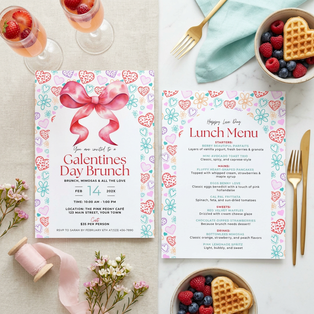 Galentine’s Day Brunch Invitation and Menu Template, Girls’ Valentine’s Party Invite, Editable Canva Templates, Printable 5x7 Set