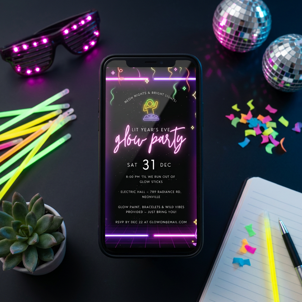 New Year’s Eve Glow Party Invitation Template, Neon NYE Celebration Invite, Editable Canva Template, Printable 5x7 Invitation