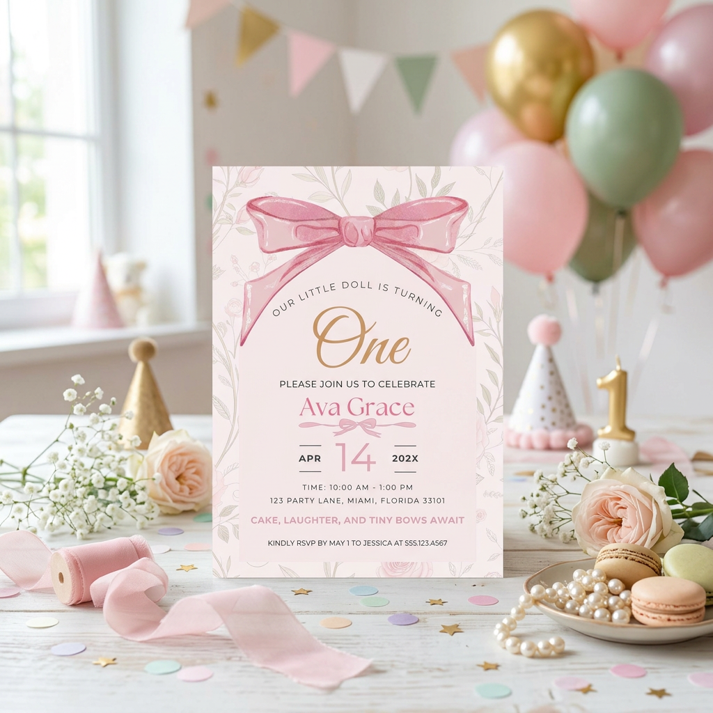 Pink Bow First Birthday Invitation Template, Coquette Girl Birthday Party Invite, Editable Canva Template, Printable 5x7 Invitation