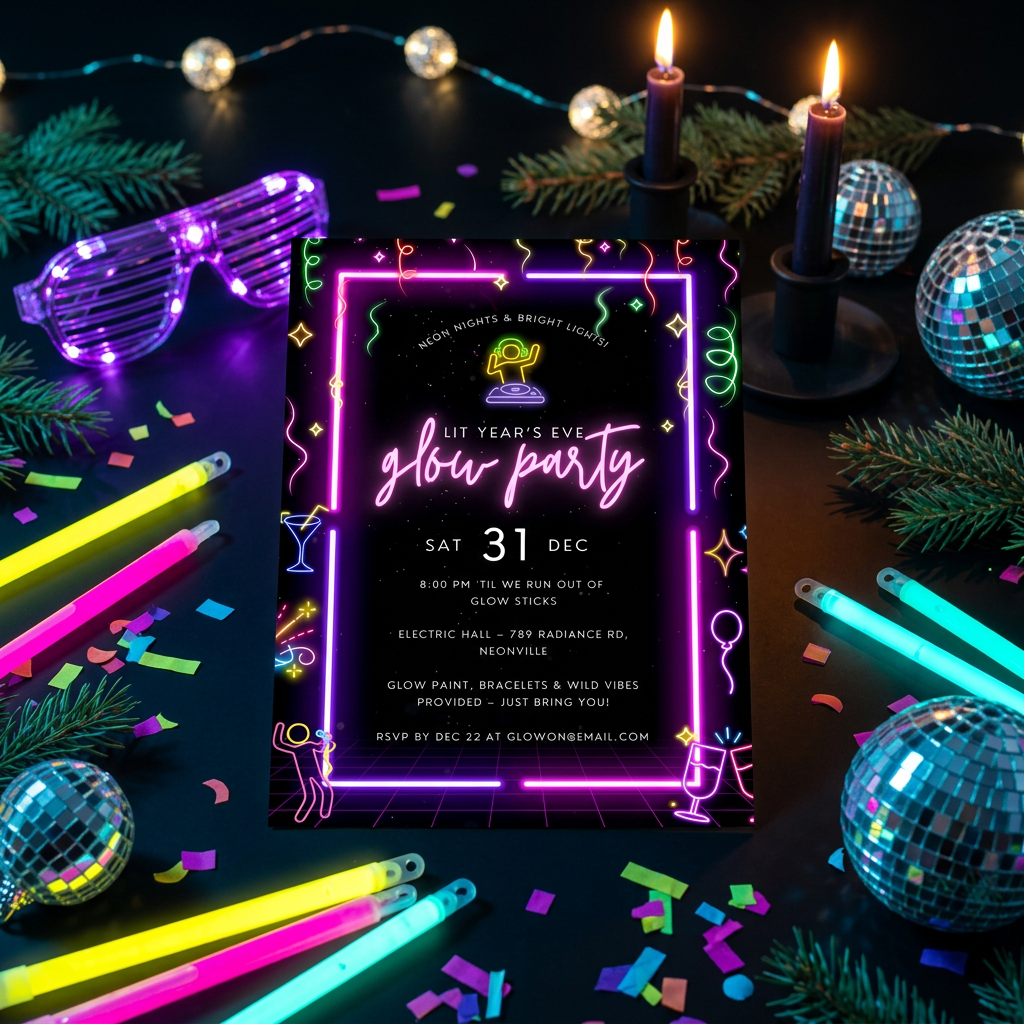 New Year’s Eve Glow Party Invitation Template, Neon NYE Celebration Invite, Editable Canva Template, Printable 5x7 Invitation