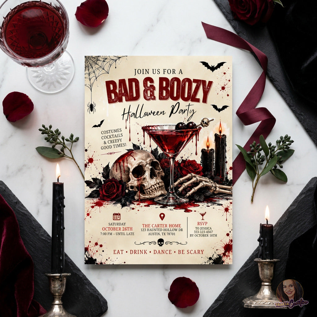 Bad & Boozy invitation laid flat on a white plate with burgundy ribbon and rose petals