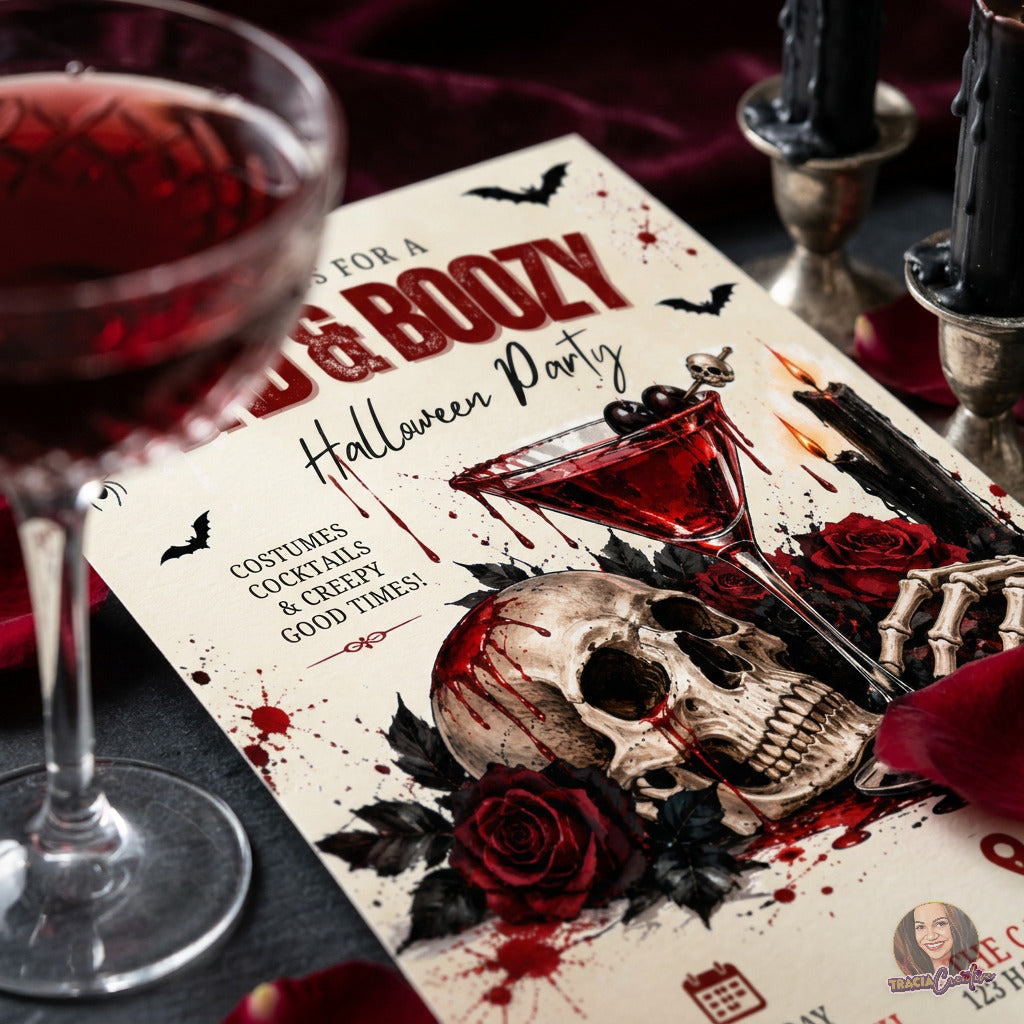 Close-up of the skull, red roses and cocktail artwork on a Bad & Boozy invitation