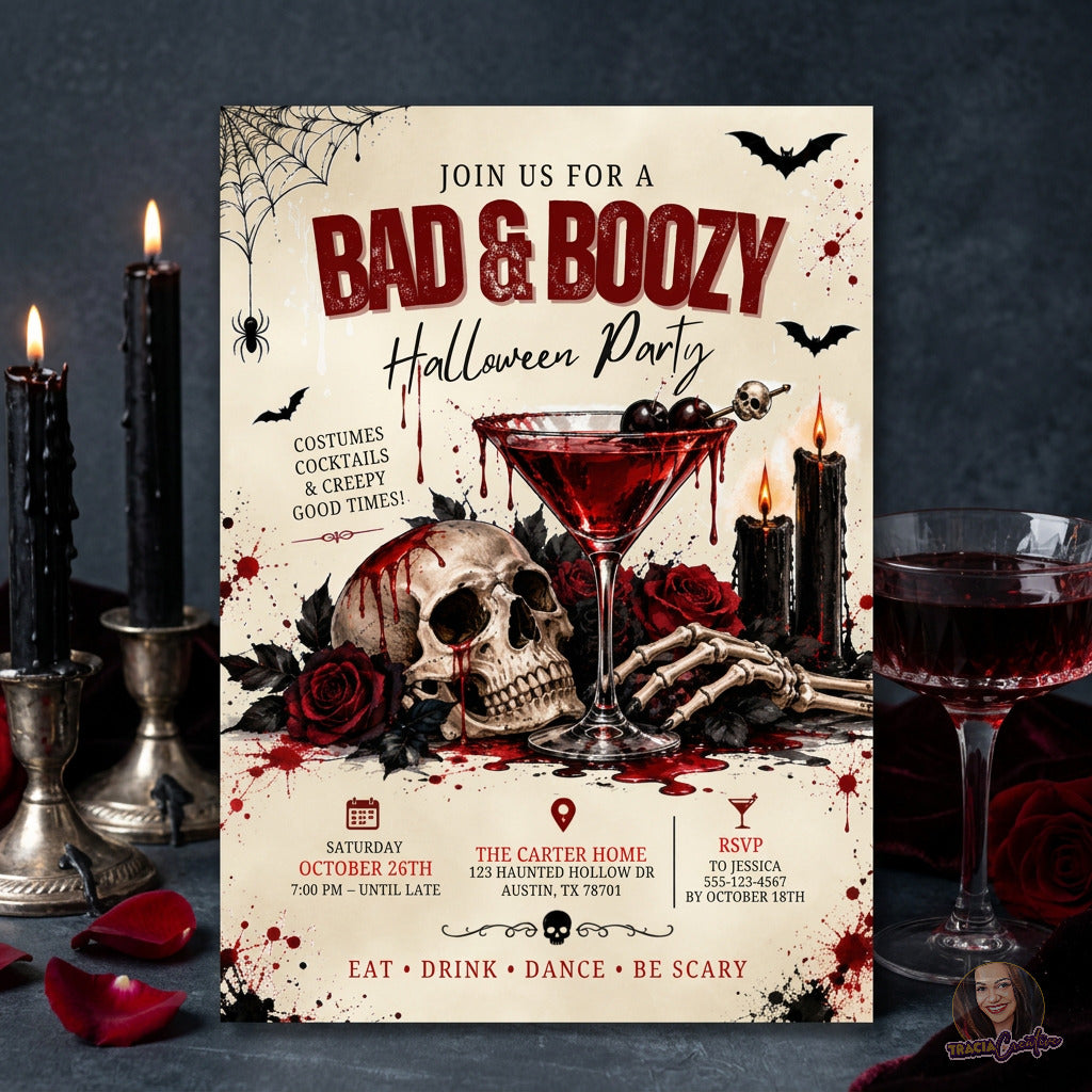 Bad & Boozy Halloween invitation standing beside black candles and a red cocktail