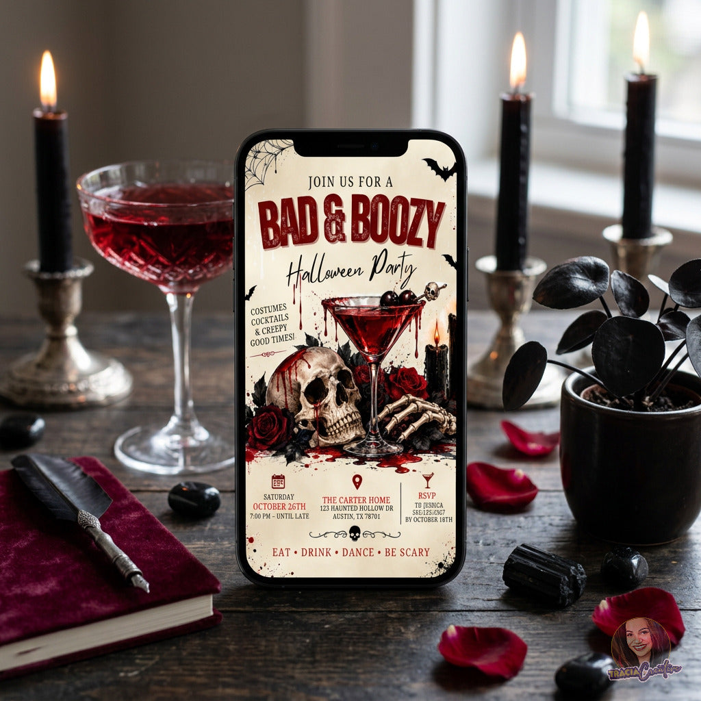 Bad & Boozy Halloween invitation displayed on a phone beside a red cocktail and candles