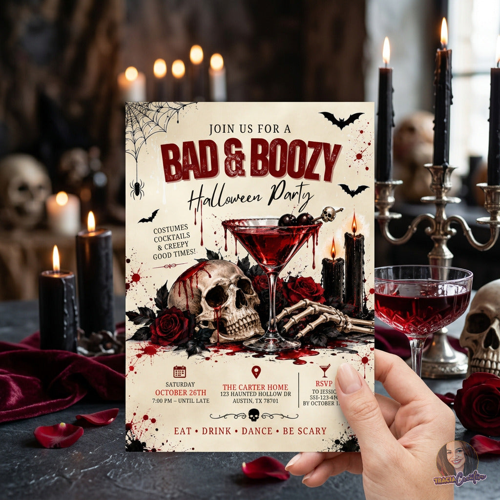 Hand holding a printed Bad & Boozy invitation among candles and red roses