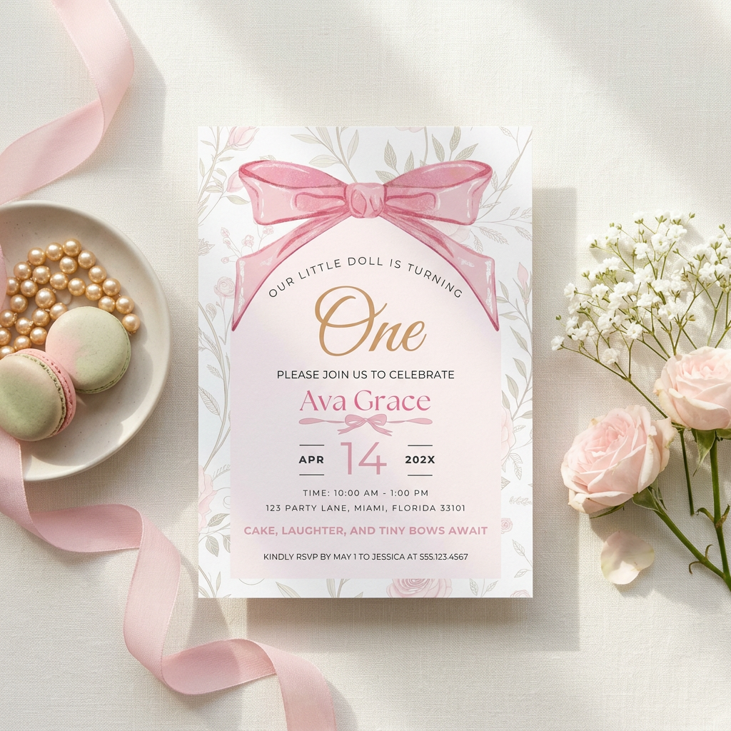 Pink Bow First Birthday Invitation Template, Coquette Girl Birthday Party Invite, Editable Canva Template, Printable 5x7 Invitation