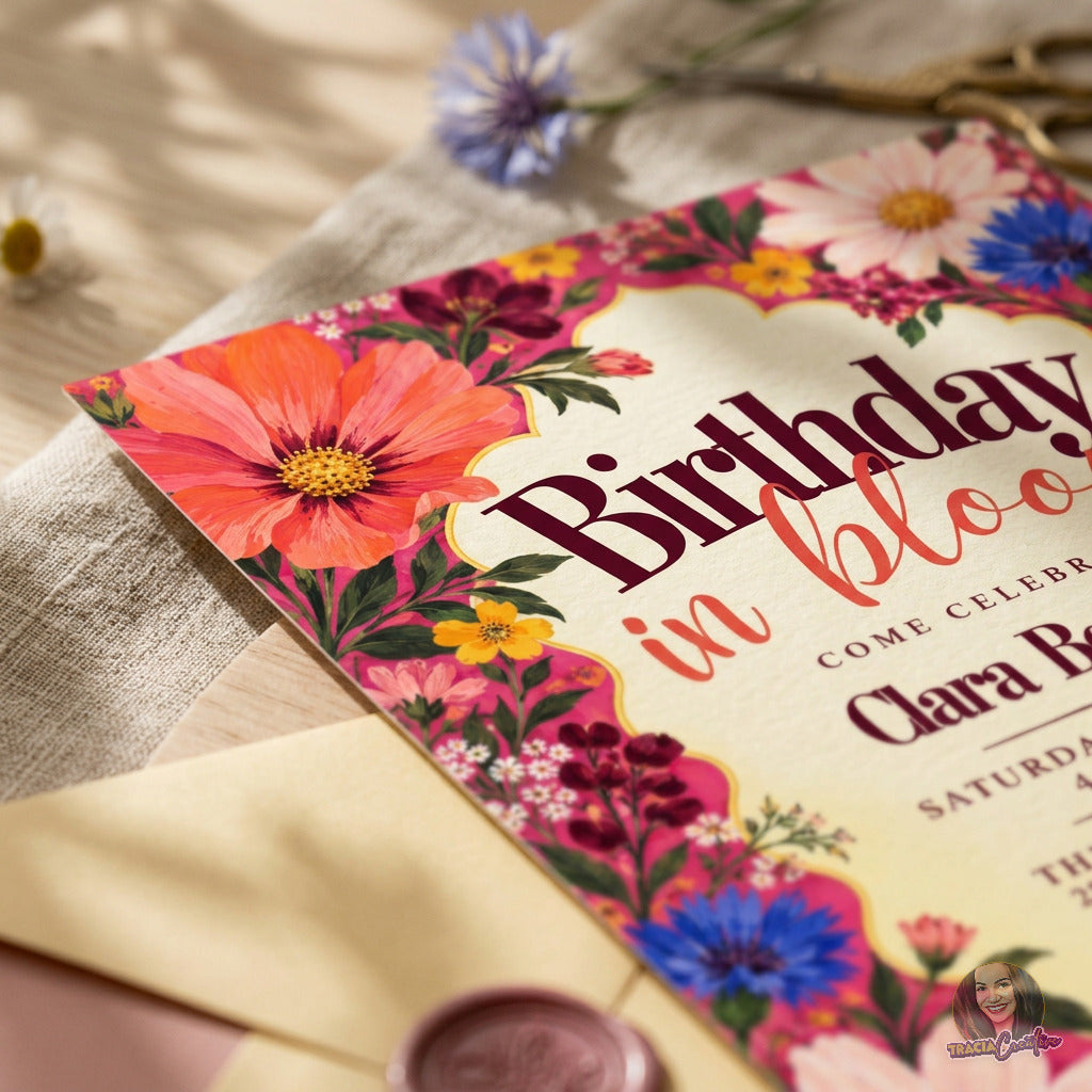 Birthday in Bloom invitation with a bold floral border and yellow center, close-up of floral border and lettering.