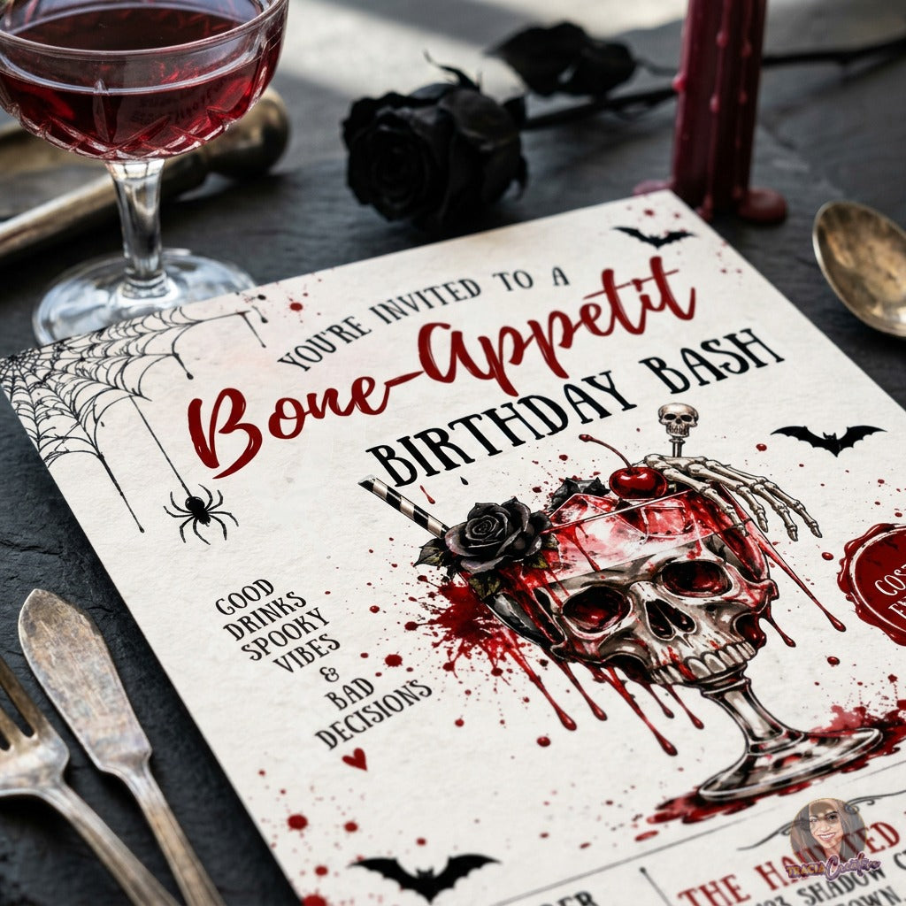 Bone-Appetit Halloween Birthday Invitation Template, Gothic Cocktail Birthday Bash, Editable Canva Halloween Party Invite, Printable 5x7