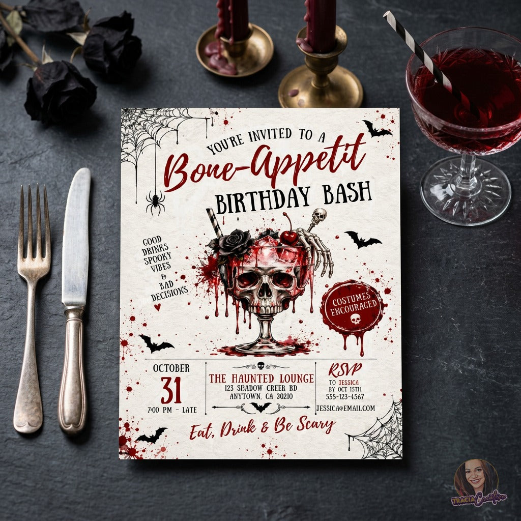 Bone-Appetit Halloween Birthday Invitation Template, Gothic Cocktail Birthday Bash, Editable Canva Halloween Party Invite, Printable 5x7