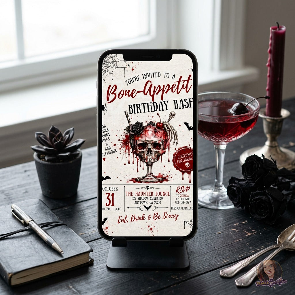 Bone-Appetit Halloween Birthday Invitation Template, Gothic Cocktail Birthday Bash, Editable Canva Halloween Party Invite, Printable 5x7