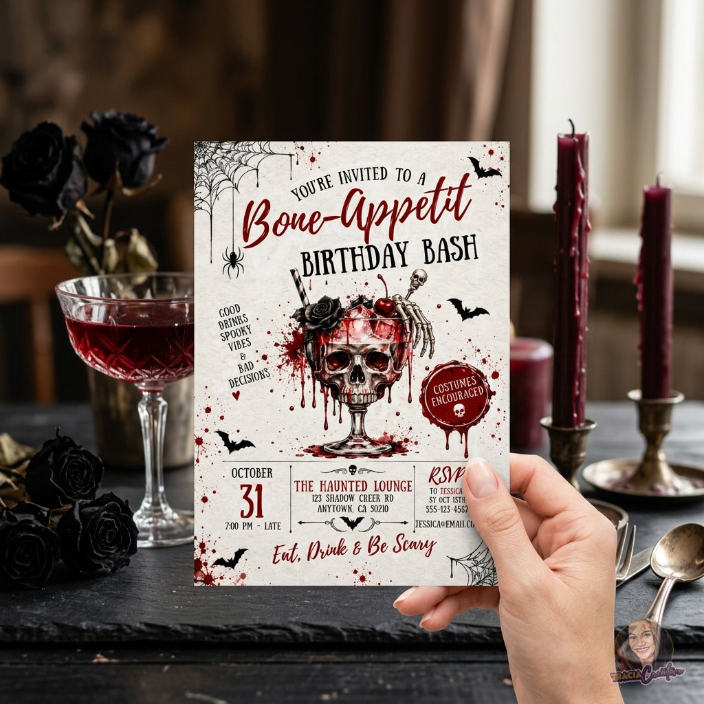 Bone-Appetit Halloween Birthday Invitation Template, Gothic Cocktail Birthday Bash, Editable Canva Halloween Party Invite, Printable 5x7