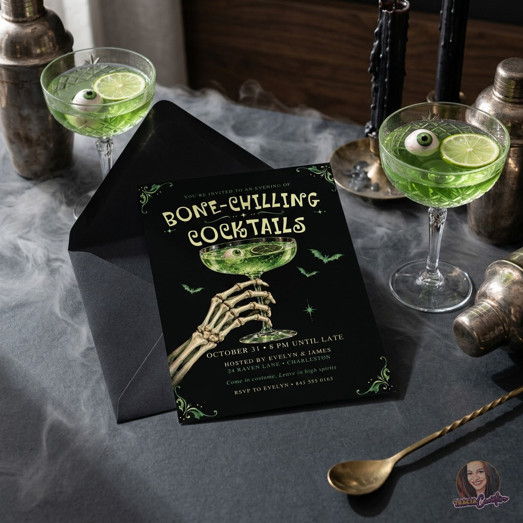 Bone-Chilling Cocktails Halloween Party Invitation Template, Editable Canva Invite, Skeleton Hand Green Potion Cocktail, Spooky Adult Halloween, 5x7