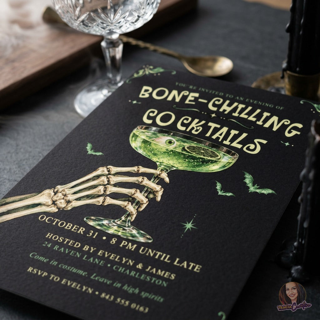 Bone-Chilling Cocktails Halloween Party Invitation Template, Editable Canva Invite, Skeleton Hand Green Potion Cocktail, Spooky Adult Halloween, 5x7