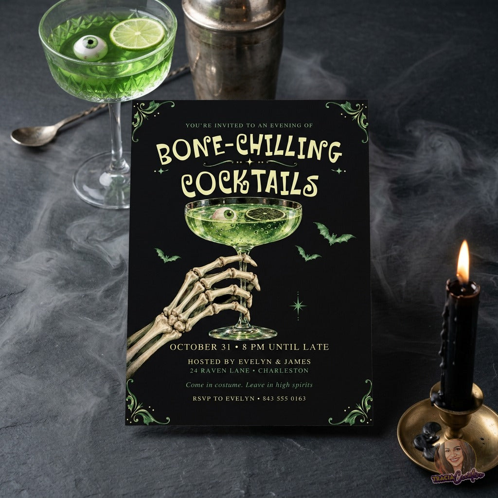 Bone-Chilling Cocktails Halloween Party Invitation Template, Editable Canva Invite, Skeleton Hand Green Potion Cocktail, Spooky Adult Halloween, 5x7