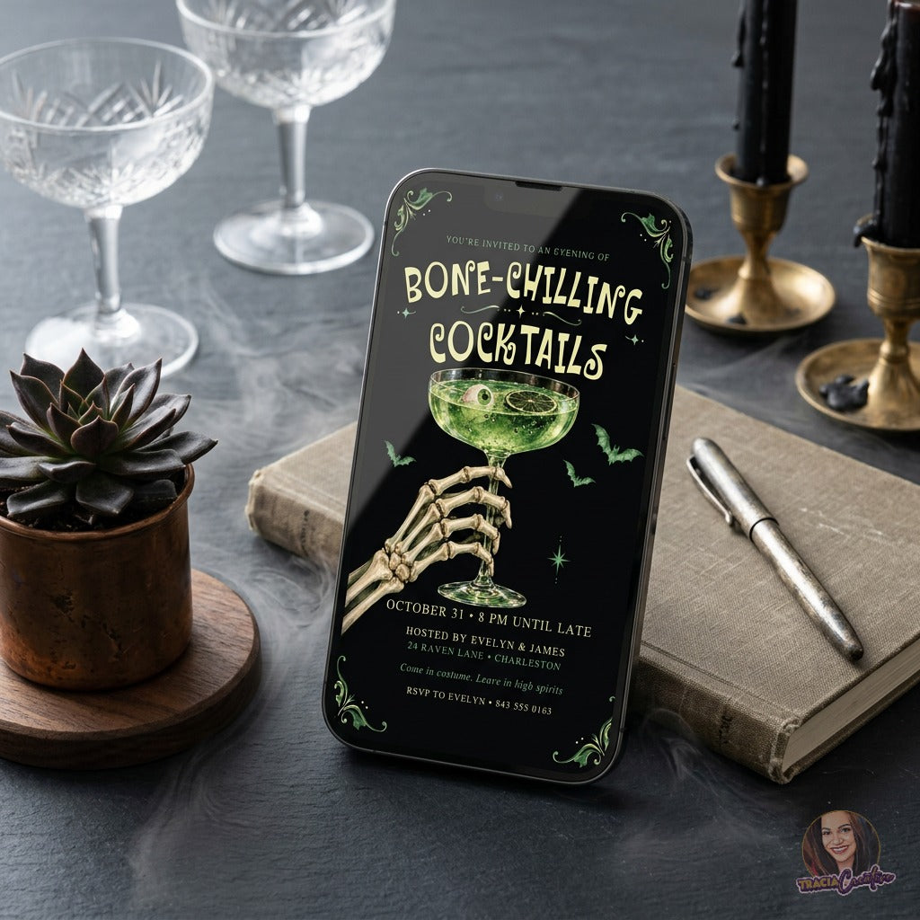 Bone-Chilling Cocktails Halloween Party Invitation Template, Editable Canva Invite, Skeleton Hand Green Potion Cocktail, Spooky Adult Halloween, 5x7