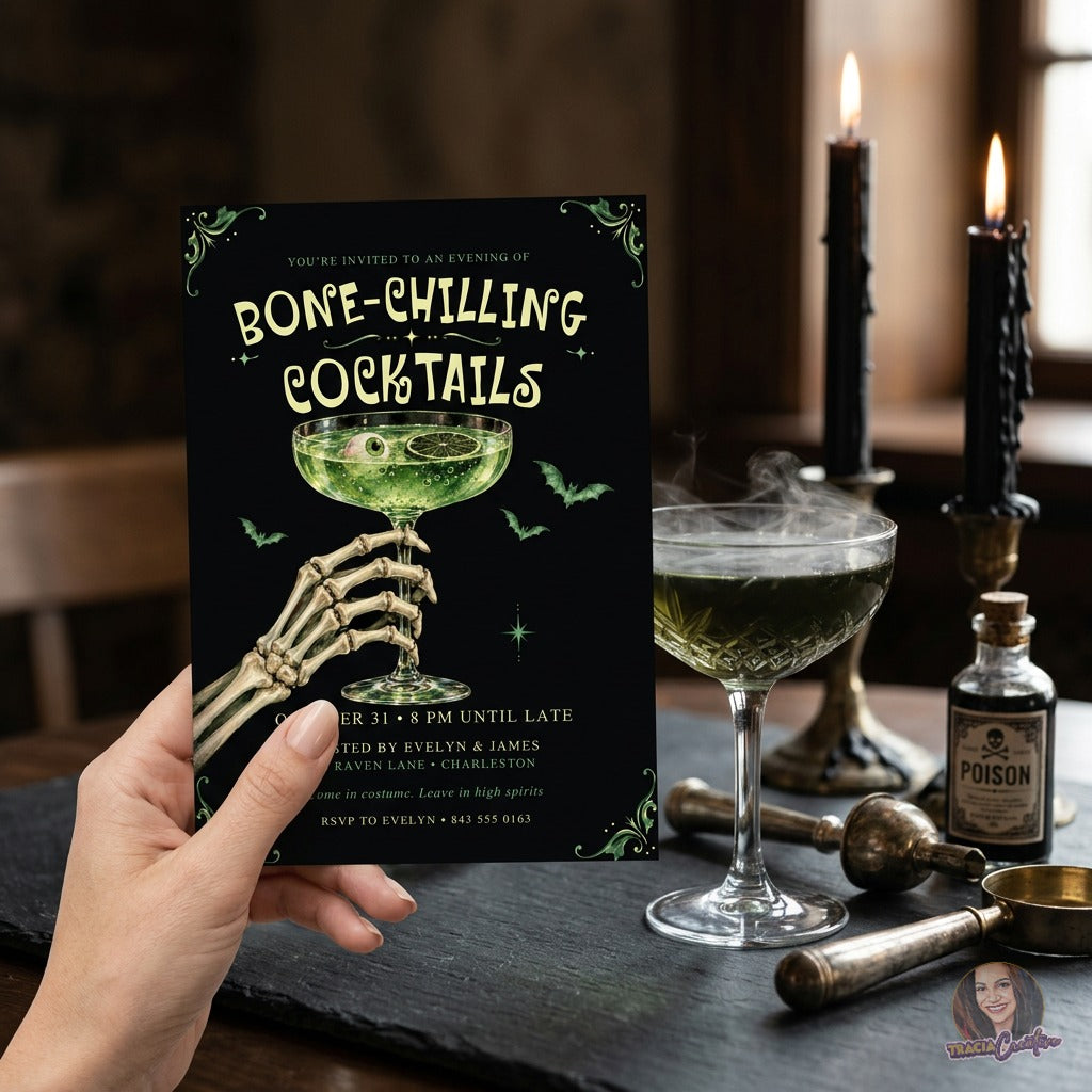 Bone-Chilling Cocktails Halloween Party Invitation Template, Editable Canva Invite, Skeleton Hand Green Potion Cocktail, Spooky Adult Halloween, 5x7
