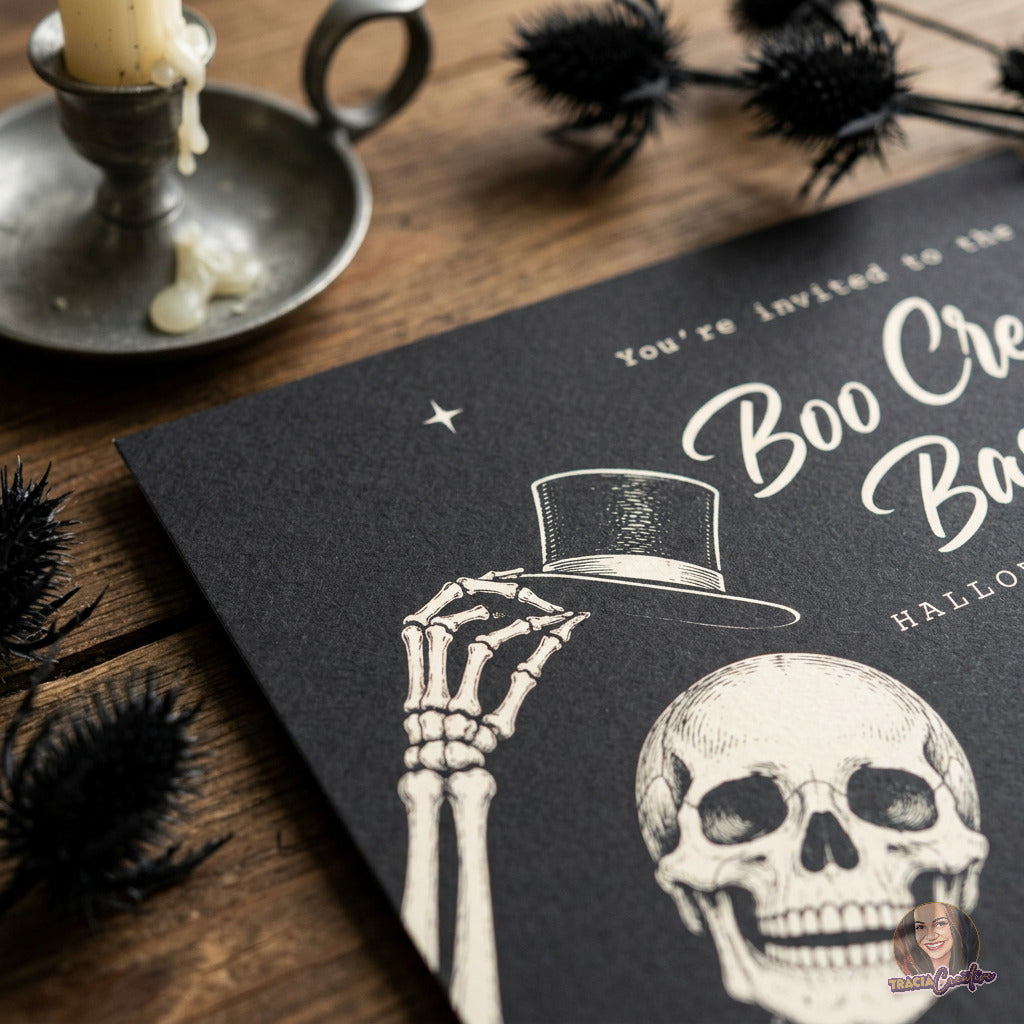 Close-up of a skeleton tipping a top hat on the black Boo Crew Bash invitation