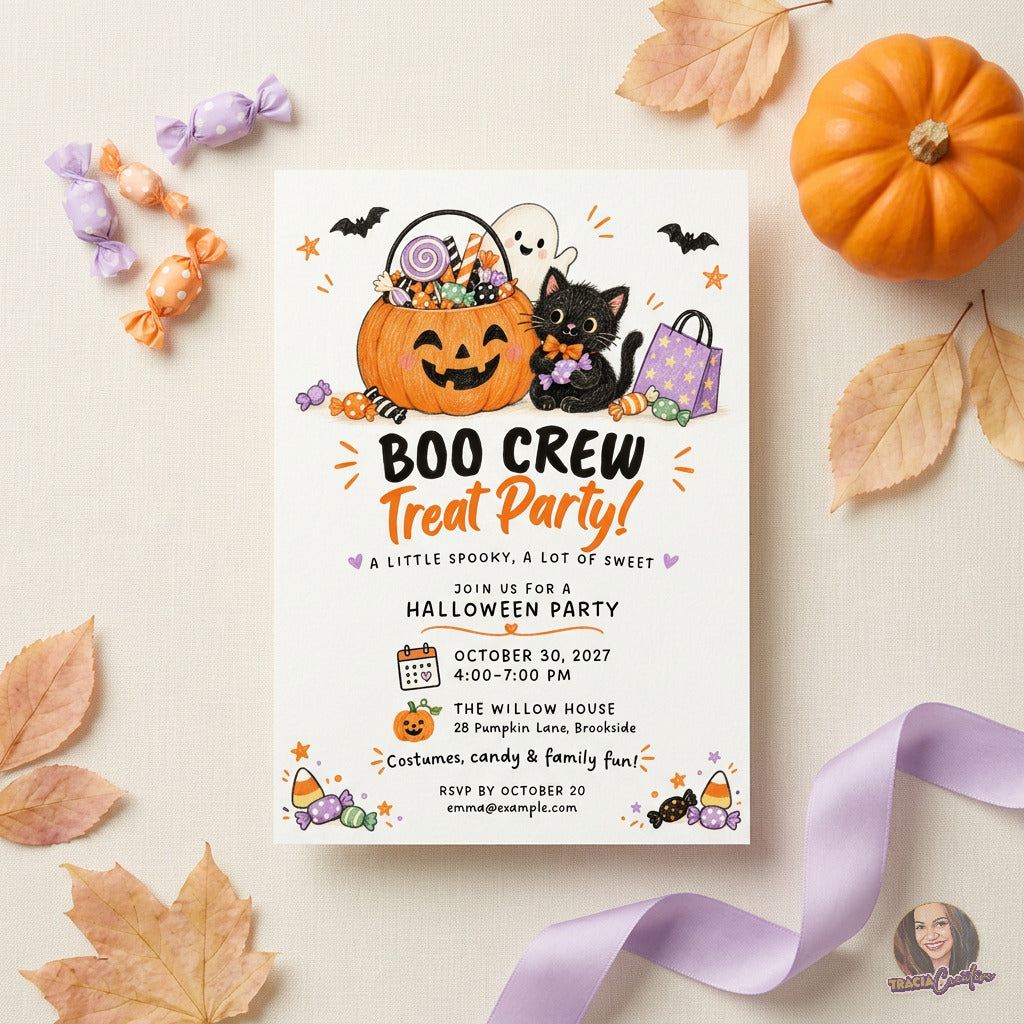 Boo Crew Treat Party invitation laid flat among pastel candy, autumn leaves and a pumpkin
