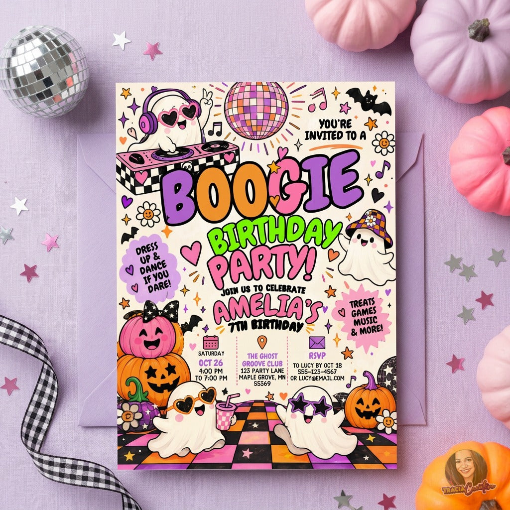 Boogie Birthday Party Invitation Template, Halloween Disco Ghost Birthday Invite, Editable Canva Invitation, Printable 5x7