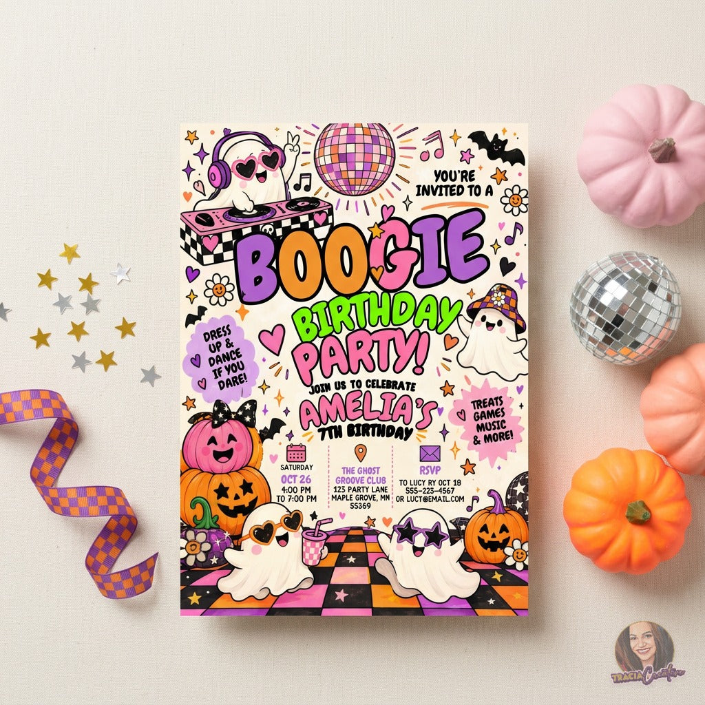 Boogie Birthday Party Invitation Template, Halloween Disco Ghost Birthday Invite, Editable Canva Invitation, Printable 5x7