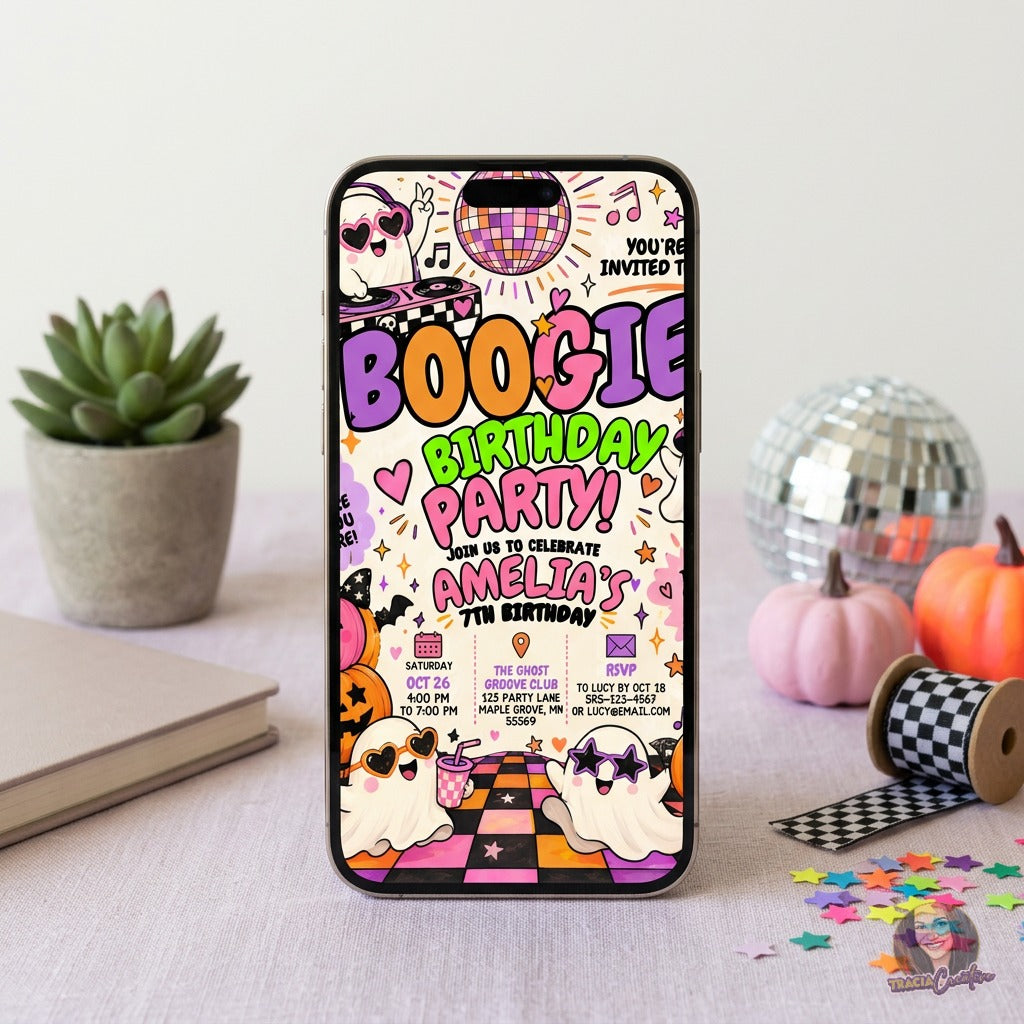Boogie Birthday Party Invitation Template, Halloween Disco Ghost Birthday Invite, Editable Canva Invitation, Printable 5x7
