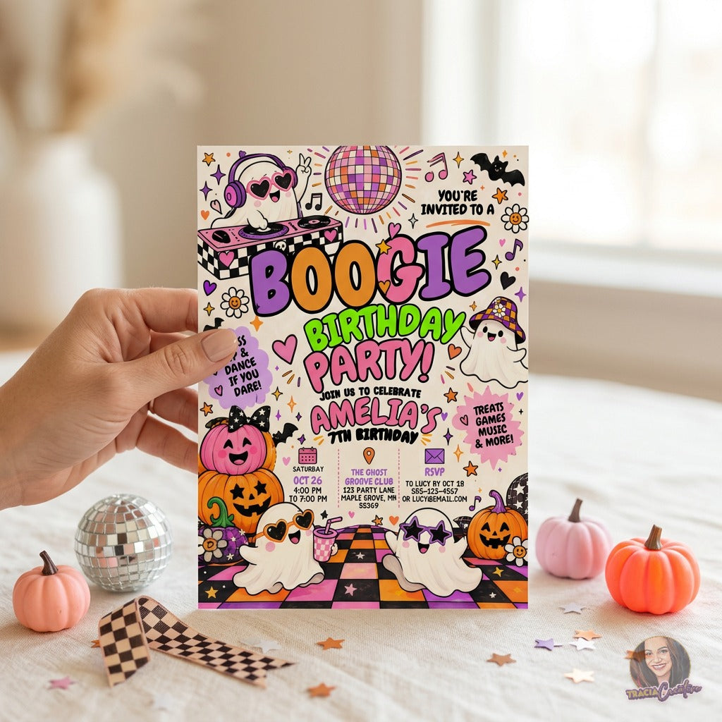Boogie Birthday Party Invitation Template, Halloween Disco Ghost Birthday Invite, Editable Canva Invitation, Printable 5x7