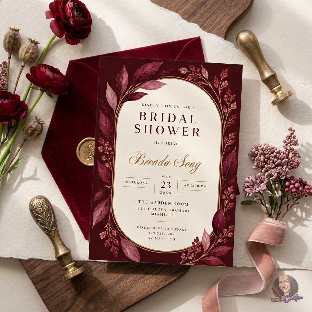 Burgundy Bridal Shower Invitation Template with Matching Back | Elegant Gold Floral Editable Canva Invitation | 5x7 Printable