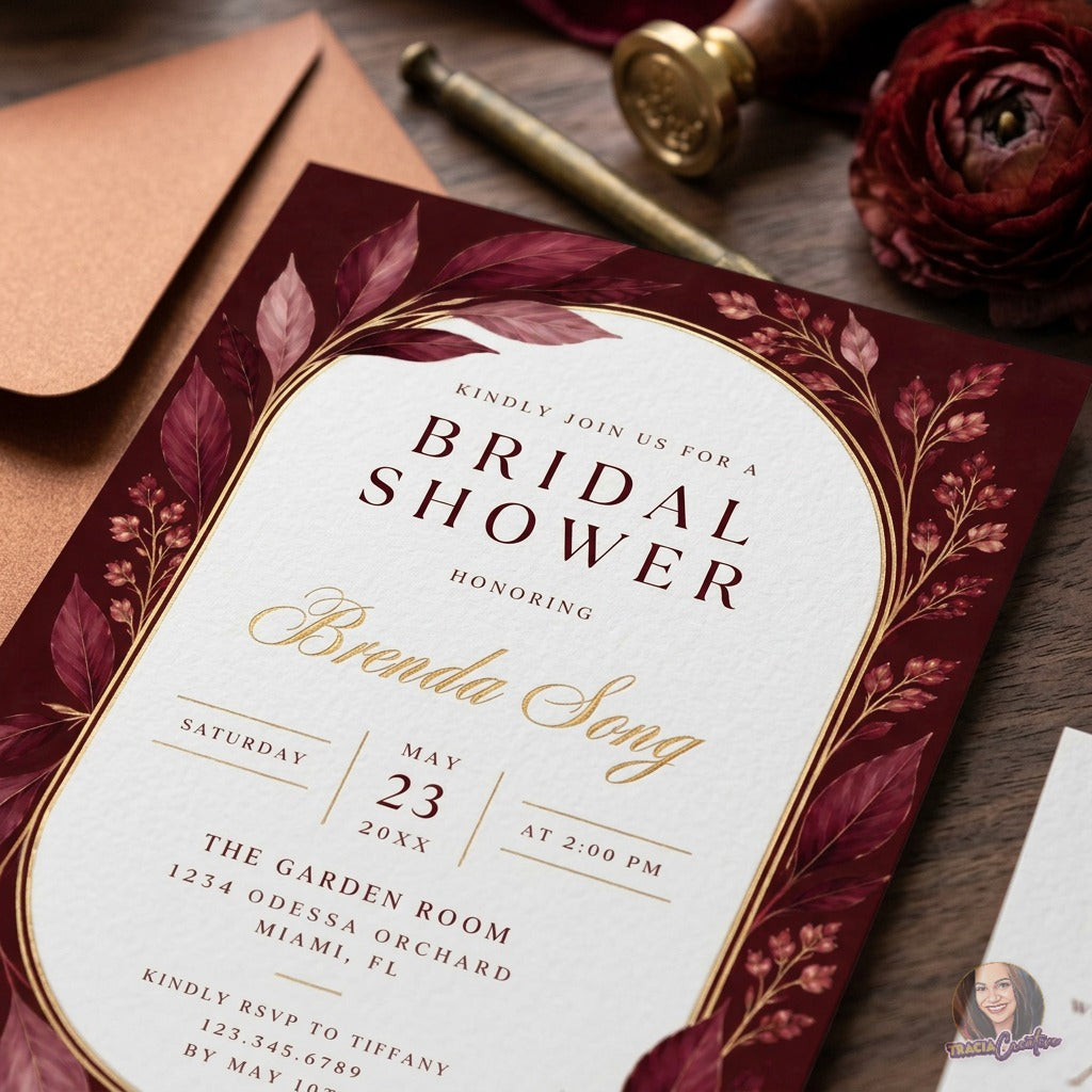 Burgundy Bridal Shower Invitation Template with Matching Back | Elegant Gold Floral Editable Canva Invitation | 5x7 Printable