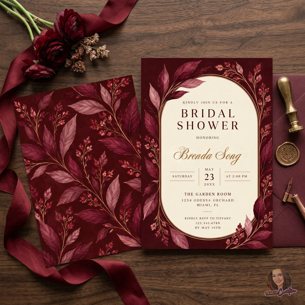 Burgundy Bridal Shower Invitation Template with Matching Back | Elegant Gold Floral Editable Canva Invitation | 5x7 Printable
