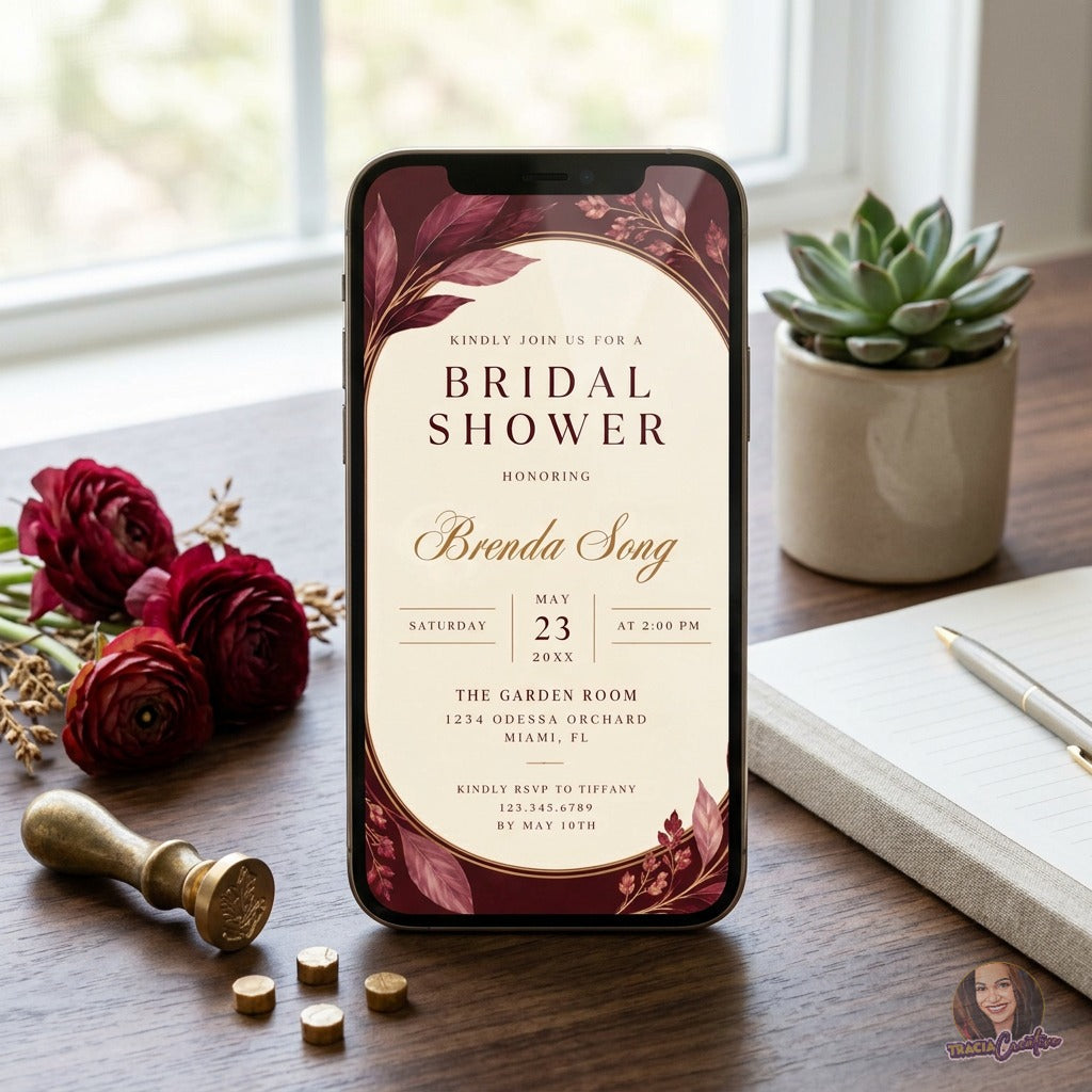 Burgundy Bridal Shower Invitation Template with Matching Back | Elegant Gold Floral Editable Canva Invitation | 5x7 Printable