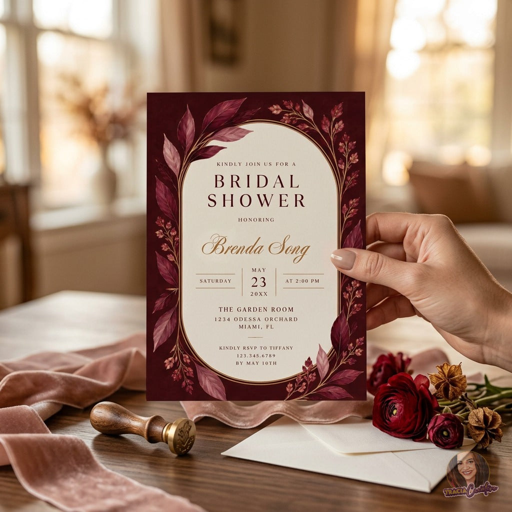 Burgundy Bridal Shower Invitation Template with Matching Back | Elegant Gold Floral Editable Canva Invitation | 5x7 Printable