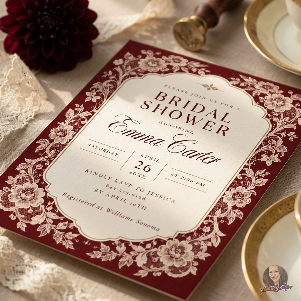 Burgundy Lace Bridal Shower Invitation Template, Elegant Vintage Floral Bridal Shower Invite, Editable Canva Invitation, 5x7 Printable with Back Design