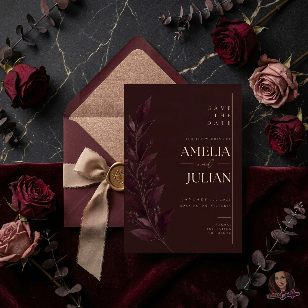 Burgundy Save the Date Template, Minimalist Botanical Wedding Announcement, Elegant Winter Wedding Editable Canva Printable 5x7